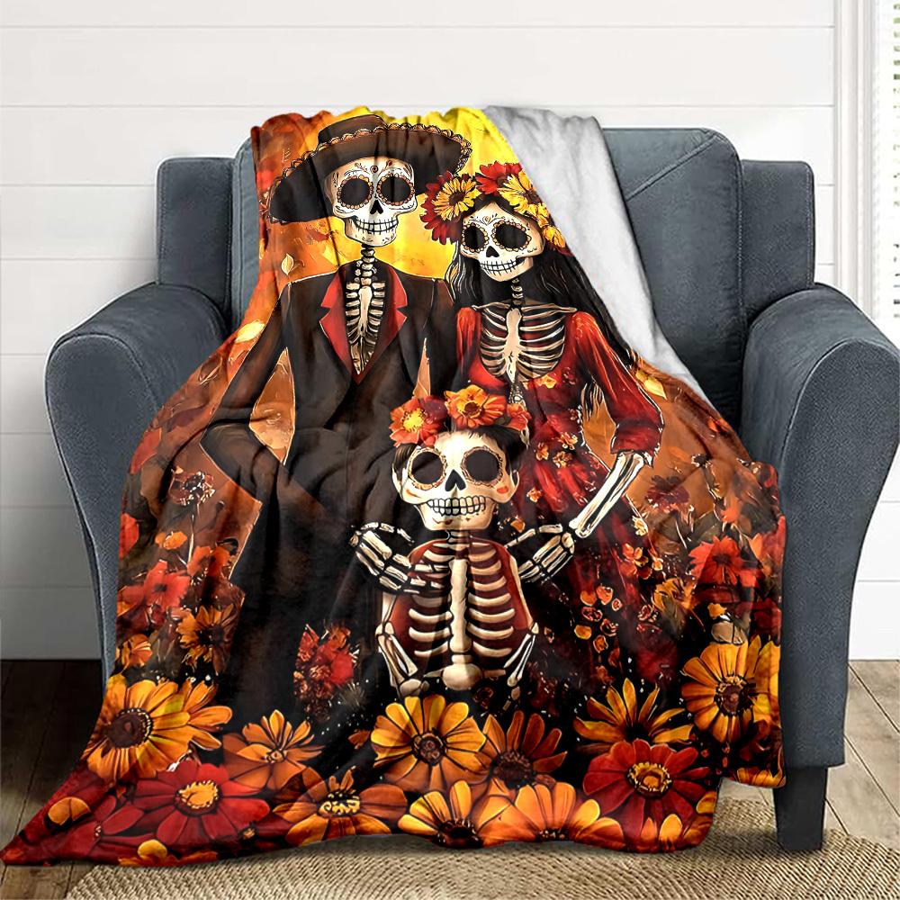 1pc Sugar Skulls Blanket Lightweight Flannel Blanket Throw Blanket For Sofa, Bed, Travel, Camping, Livingroom, Couch, Chair, And Bed Yy2509026146