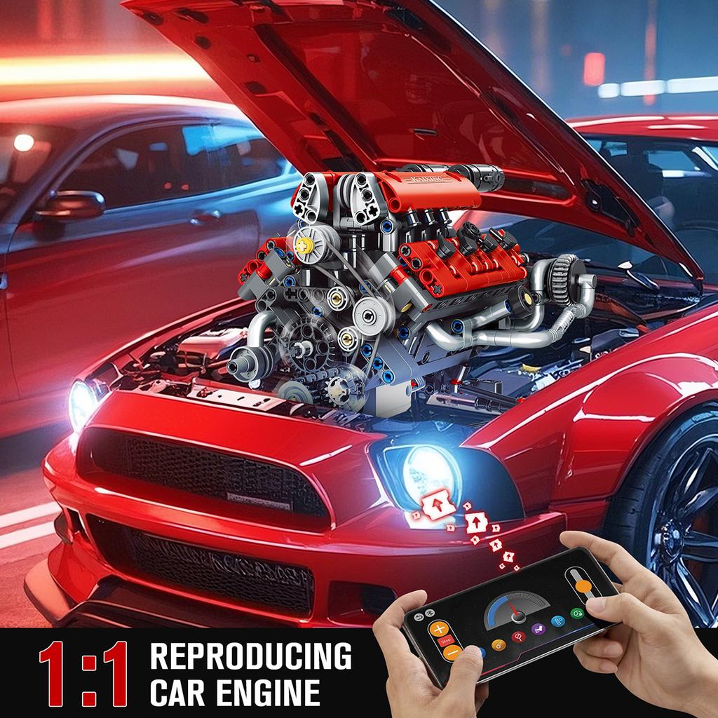 Röd V8-motor Byggklossar 653 delar LED APP Motordrift Superbil Modell Klossar Leksaker för Vuxna Barn Gåva