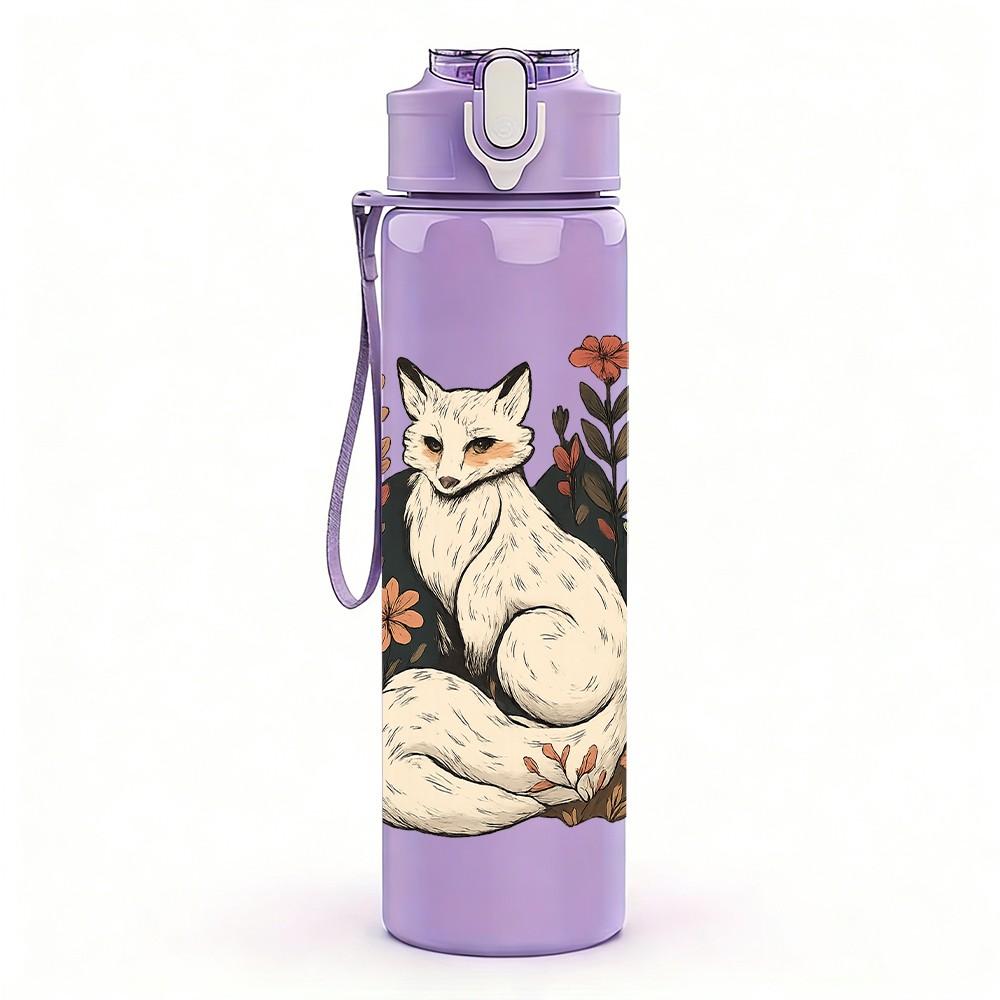 1PC Floral Fox Portrait Art 750ml Color Plastic Sports Water Bottle Leakproof Flip Straw Lid Suitable for Sports Office Home Use