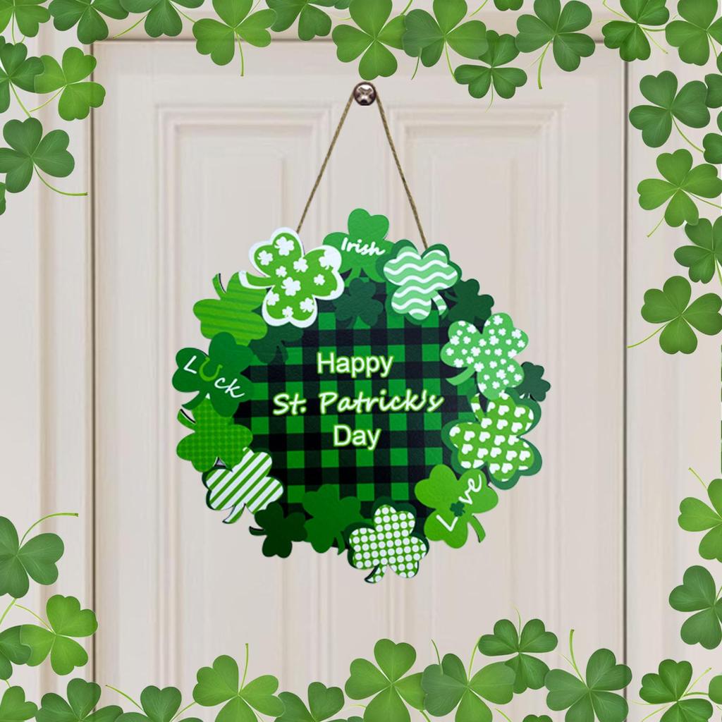 St Patrick's Day Wreath Door Sign Wooden Wreath Shamrocks Ornament Door Welcome Decor Hanging Wood Green Lucky Decoration