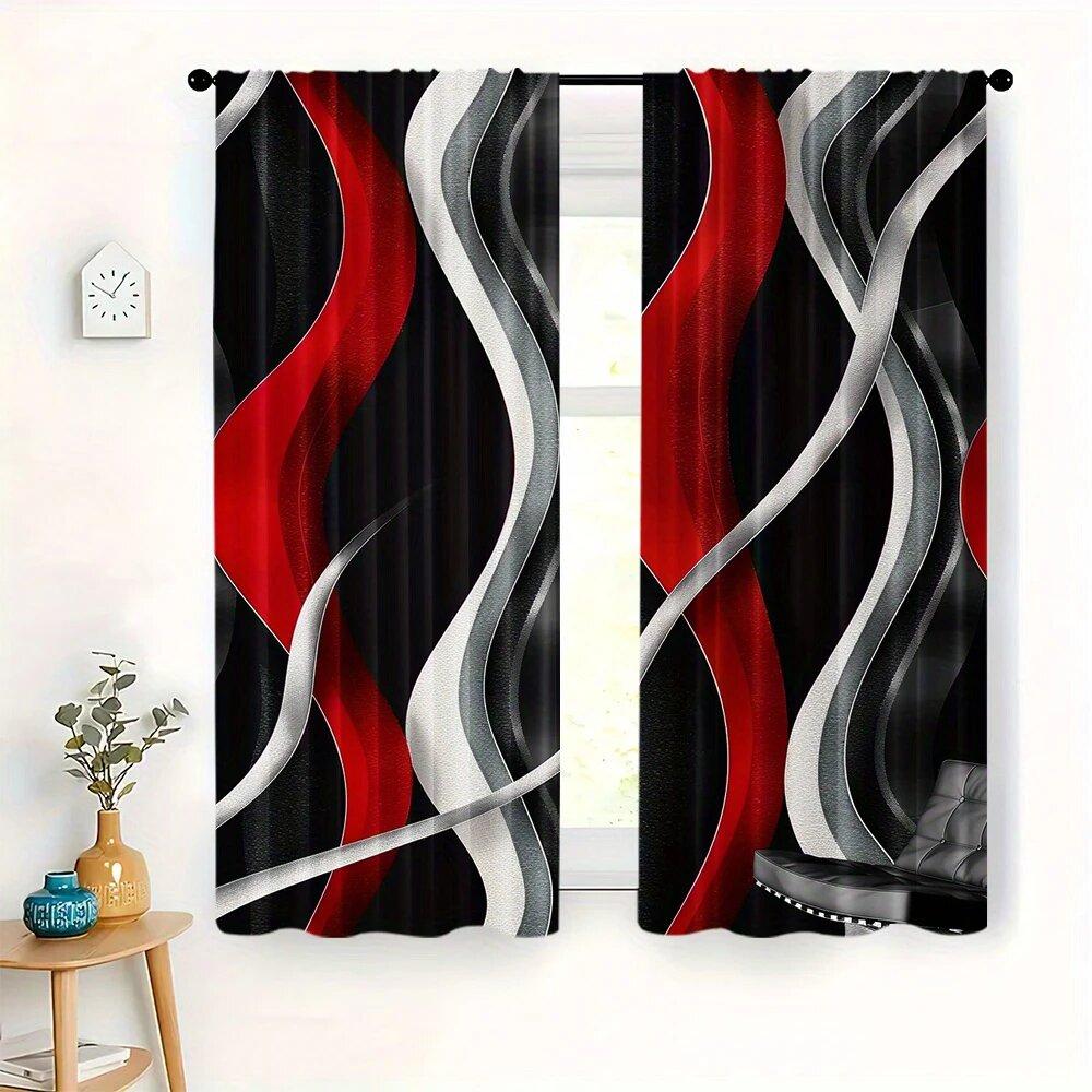 2 Pieces Of Red, Grey And Black Geometric Spiral Pattern Printed Curtains,30*65 Inches, Home Decoration, Room Decoration