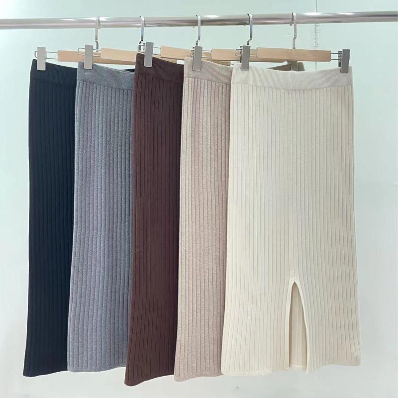 Dames Dik Gebreide Midi Rok met Split - Veelzijdige Elastische Taille Wol voor Herfst/Winter 2025