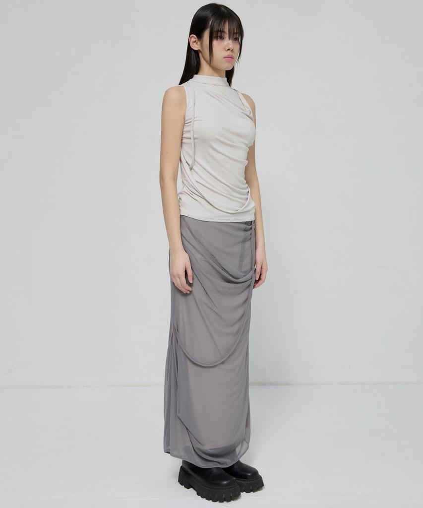 Peulleeoeob Draped Mesh Layered Long Skirt (Fl-264_Gray)