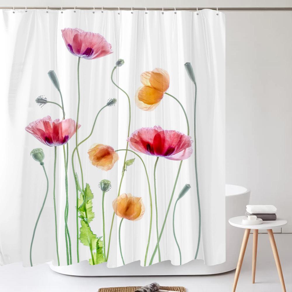 Watercolour Flower White Shower Curtain Simple style 3D Plant Flowers Waterproof Polyester Bathroom Curtains Bath Screen Decor