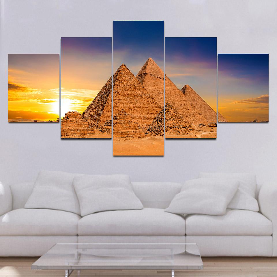 5 Panels Oasis In Sandy Egyptian Desert Pyramid Canvas Painting Landscape Posters and Prints Wall Art Home Decor No Frame