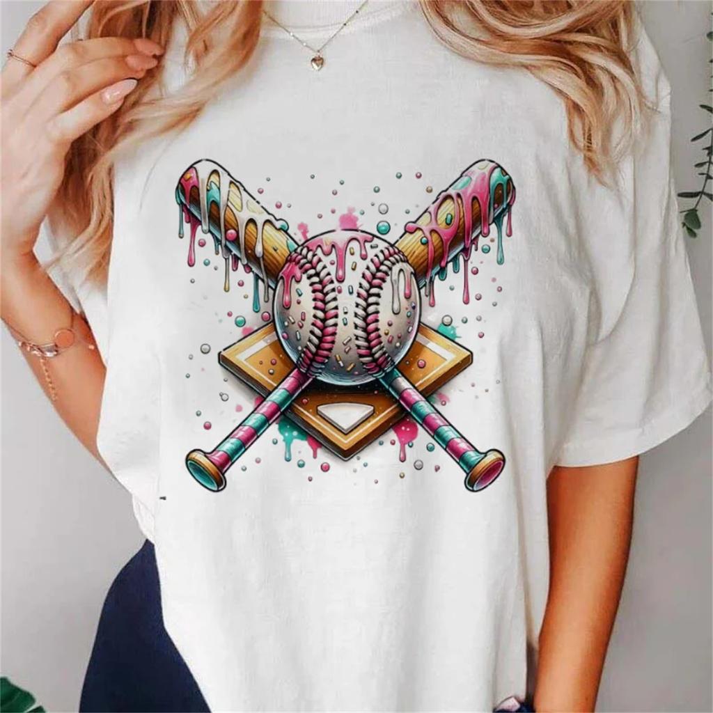 Baseball and Bats Women's T-Shirt Trendy Short Sleeved Printed Top Cute Women's T-Shirt Basic Fashion Tee Casual Women's Tee