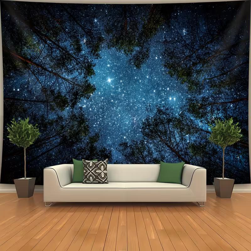 2D Starry Forest Tapestry Night Sky Through Pine Tree Canopy Wall Decor