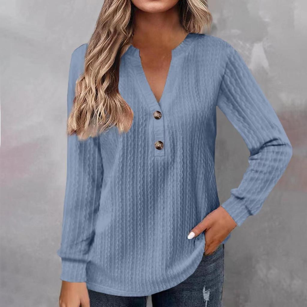 Women Long Sleeve Henley Tunic Top Solid Ribbed Knit V Neck Button Casual Loose Blouse Shirt