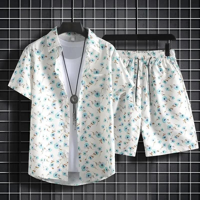 Fashion Men's Summer Holiday Style Hawaiian Coconut Beach Printed Casual Comfort Short Sleeved Shirt Beach Shorts 2-piece Set