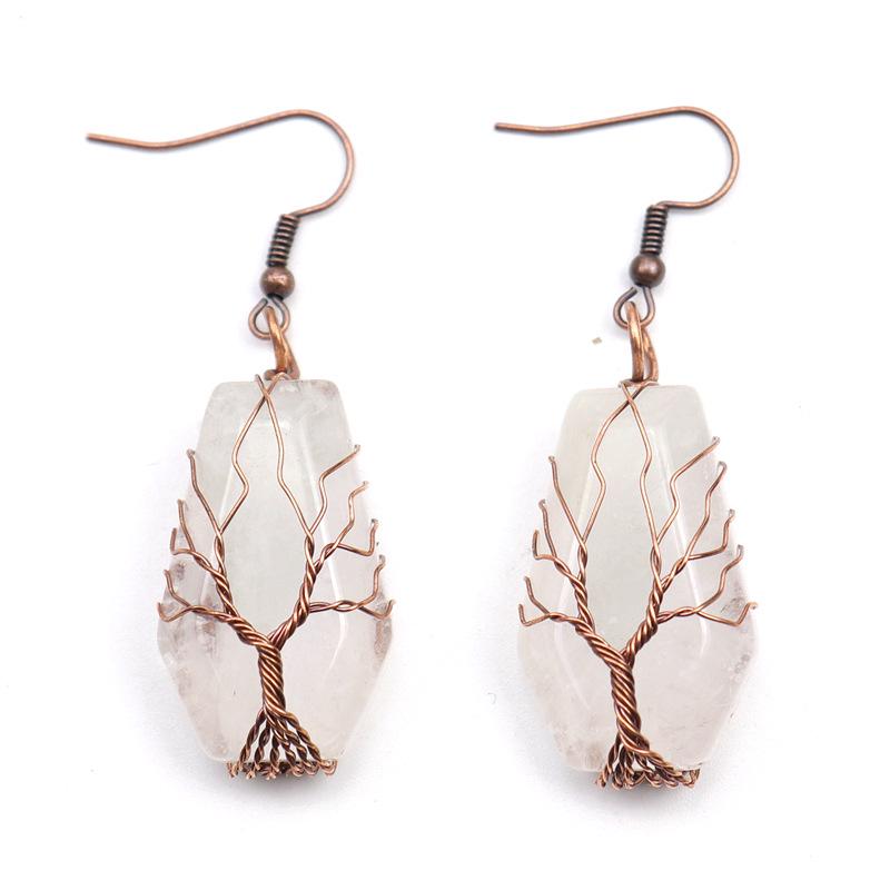 Handmade Agate Coffin Board Tree of Life Earrings - Natural Stone Crystal Dangle for Wealth and Harmony.