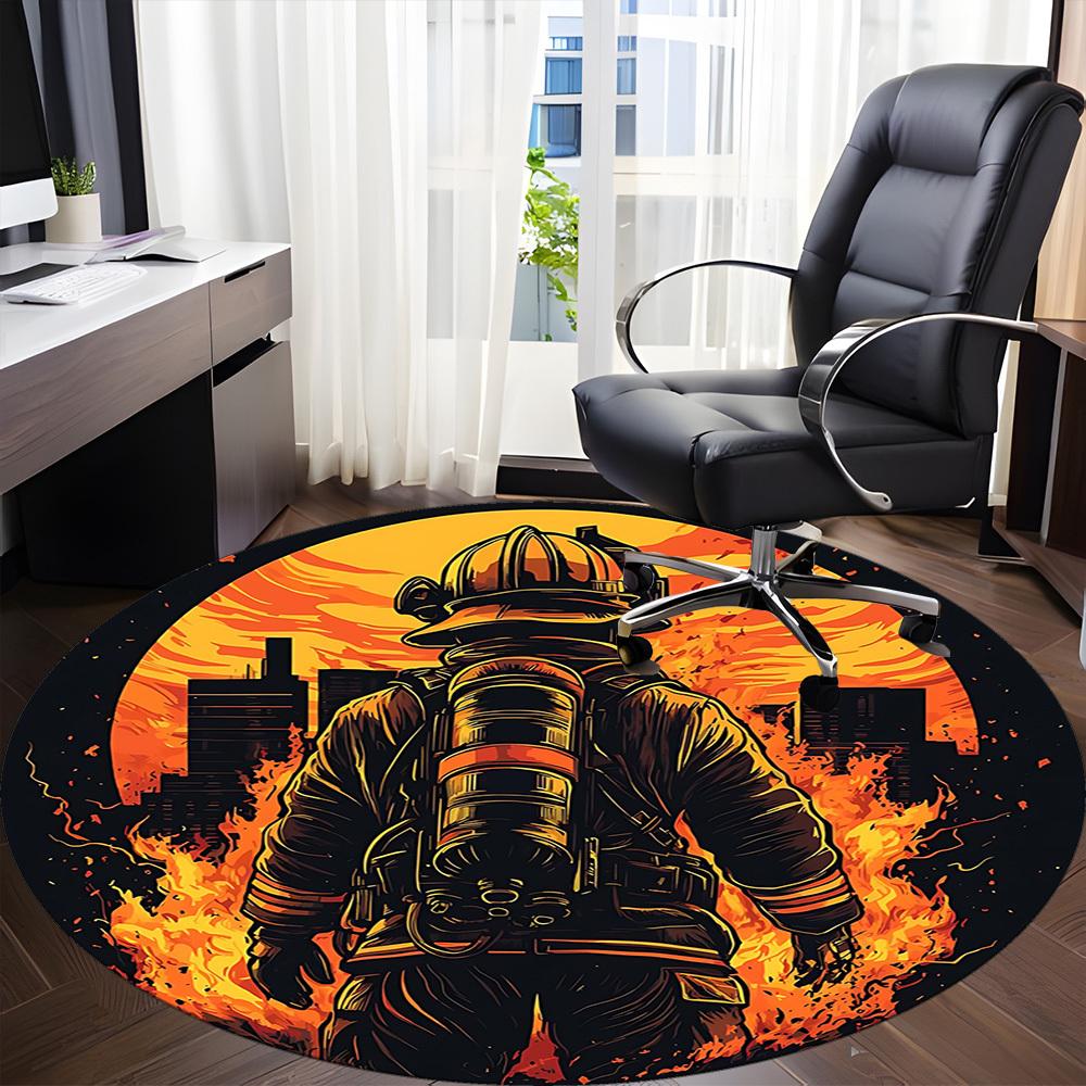1pc Firefighter Hero Office Round Area Rug, Mat Suitable ForOffice, Under Office Chairs Bedroom Living Room Home Decor, Room Deco