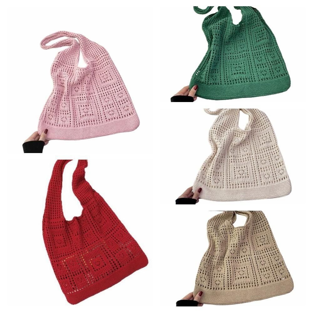 Vintage Solid Color Knitting Shoulder Bag Hollow Bohemian Style Crochet Mesh Bag Large Capacity Woven Beach Tote Bag Picnic