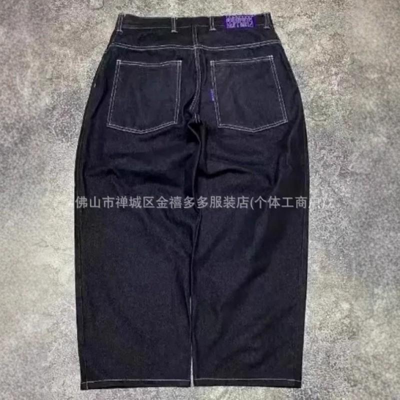 Mens Retro Hip Hop Wide Leg Skateboard Jeans - Embroidered Loose Straight Cut Denim Pants