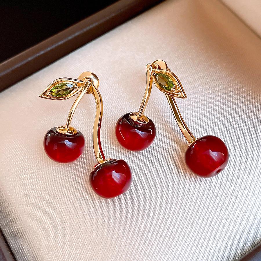 French Fresh Zircon Resin Cherry Earrings Stud Earrings Fashion Versatile Personality Earrings Women