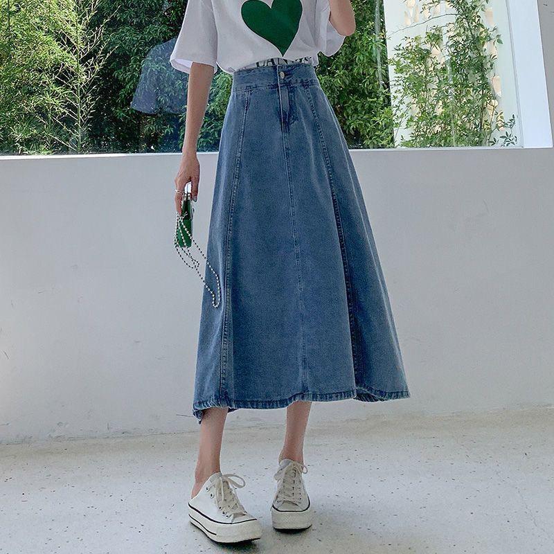 Spring Autumn Women's Fashion High Waist Casual Denim Skirt Mid-length A-line Skirt