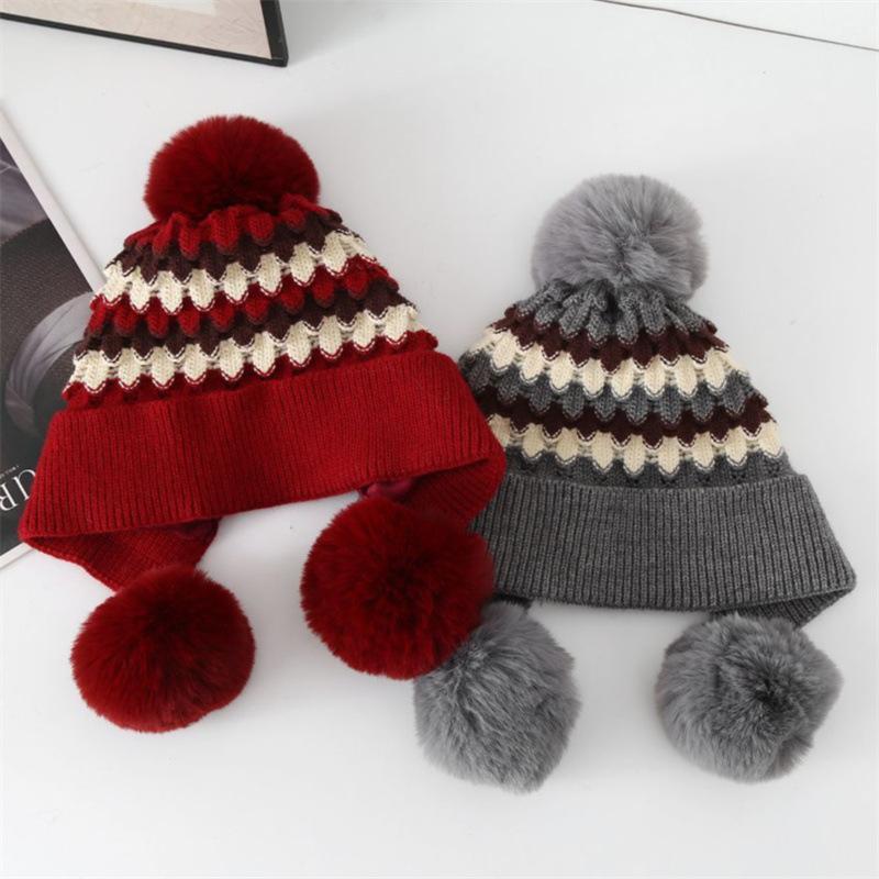 Autumn and winter women's knitted hats, fleece thickened warm wool hats, windproof and cold-proof, small face, ear protectors, pullover hats