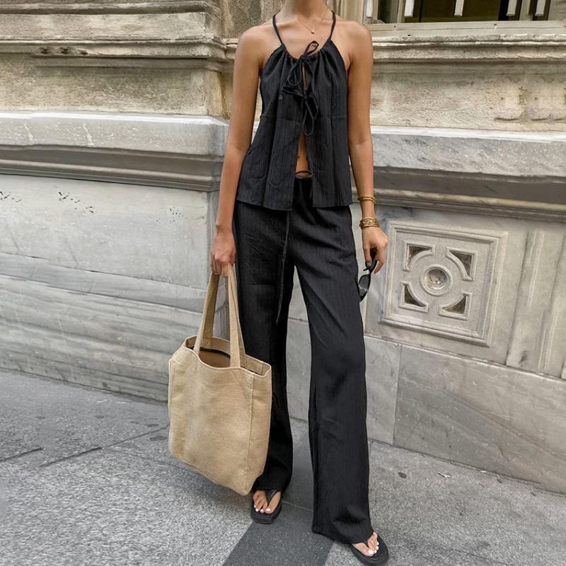 Spring and Summer Women's Fashion Design Casual Lace-up Top High-waisted Wide-legged Trousers Two-piece Set
