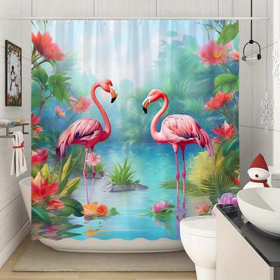 1 Stück Extra Großer Tropischer Flamingo Duschvorhang - Dschungel Badezimmerdekor mit Rosa Flamingos, Türkiser Teich Einfache Pflege