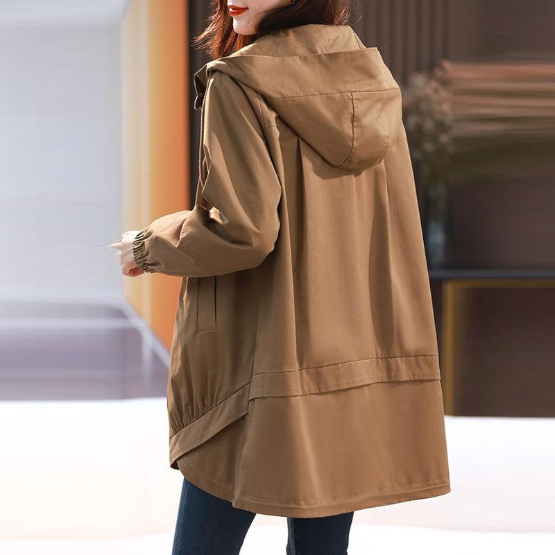 Spring Autumn Plus Size Hooded Women's Zipper Section Loose Thin Windbreaker Medium Long Jacket