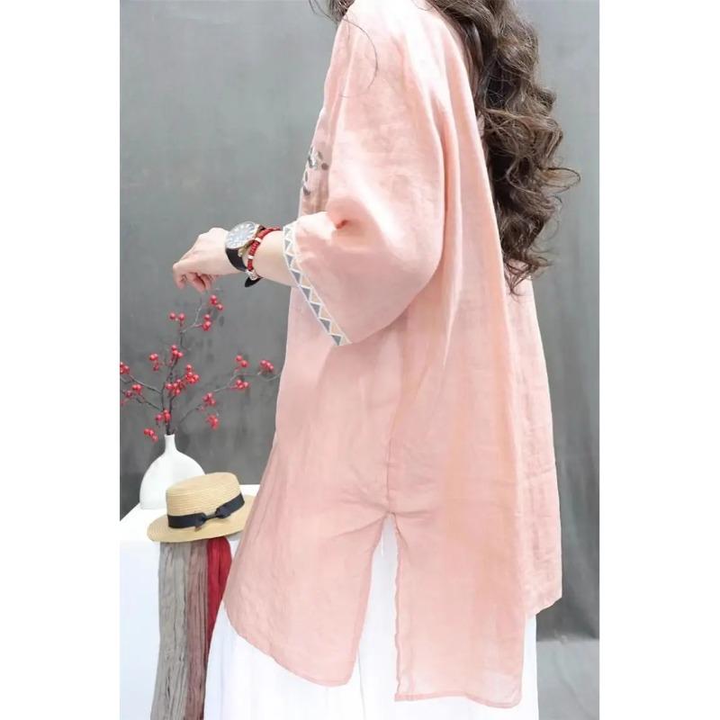 Summer Heavy Industry Women's Vintage Embroidered Medium Length Loose Linen Stylish Casual Pullover