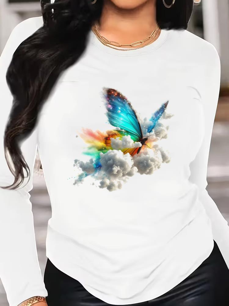 (Asian Size) Tee o-neck Print autumn winter spring Women Clothing flower watercolor floral Casual Long Sleeve T Shirt Fashion Top Graphic T-shirts