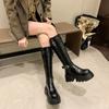 Motorcycle Boots Retro Brown Belt Buckle Round Head High Fang Hei Waterproof Platform 2024 New Style Brown Long Womens Boots