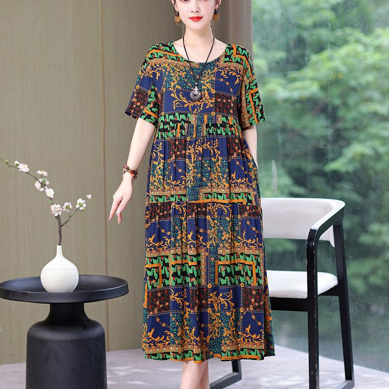 Women's Mid-length Dress,summer Dress for Mothers,cotton Silk Knee-length Dress,middle-aged Women's Dress,plus-size Short-sleeved Beach Dress Women