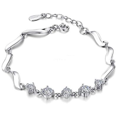 Austrian Crystal Studded Sterling Silver Plated Link Chain Adjustable Bracelet for Women Girls Stylish