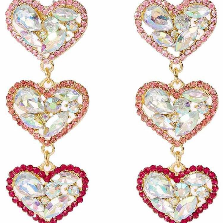 European & American Love Heart Multi-layer Rhinestone Dangle Earrings