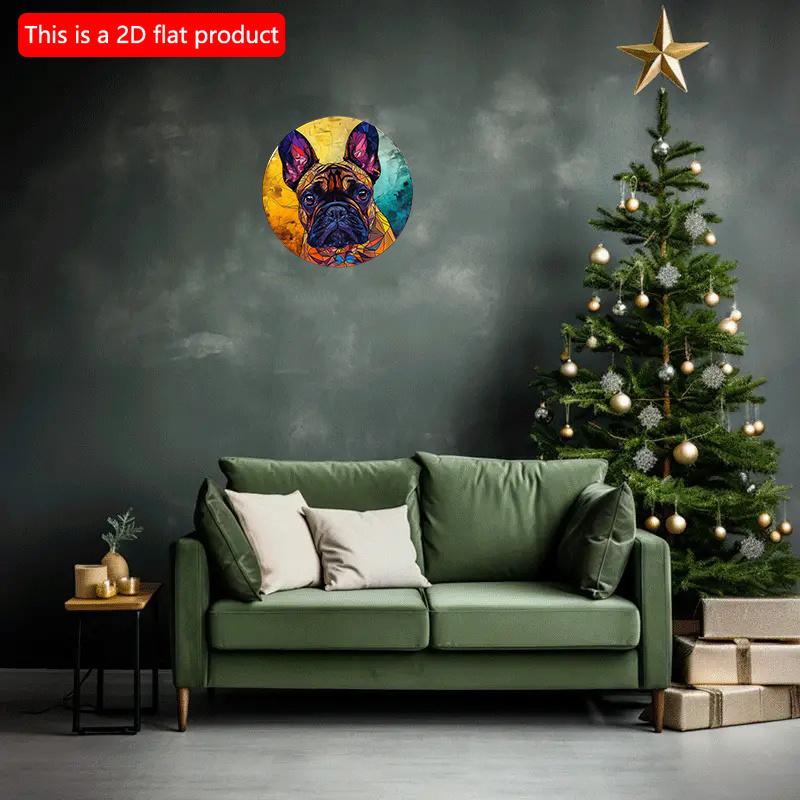 2D Flat 20*20cm1pc Cute French Bulldog Color Gradient Design Wooden Round Hanging Sign, Color Block Splicing Bulldog Pattern Art Plaque, Ornament