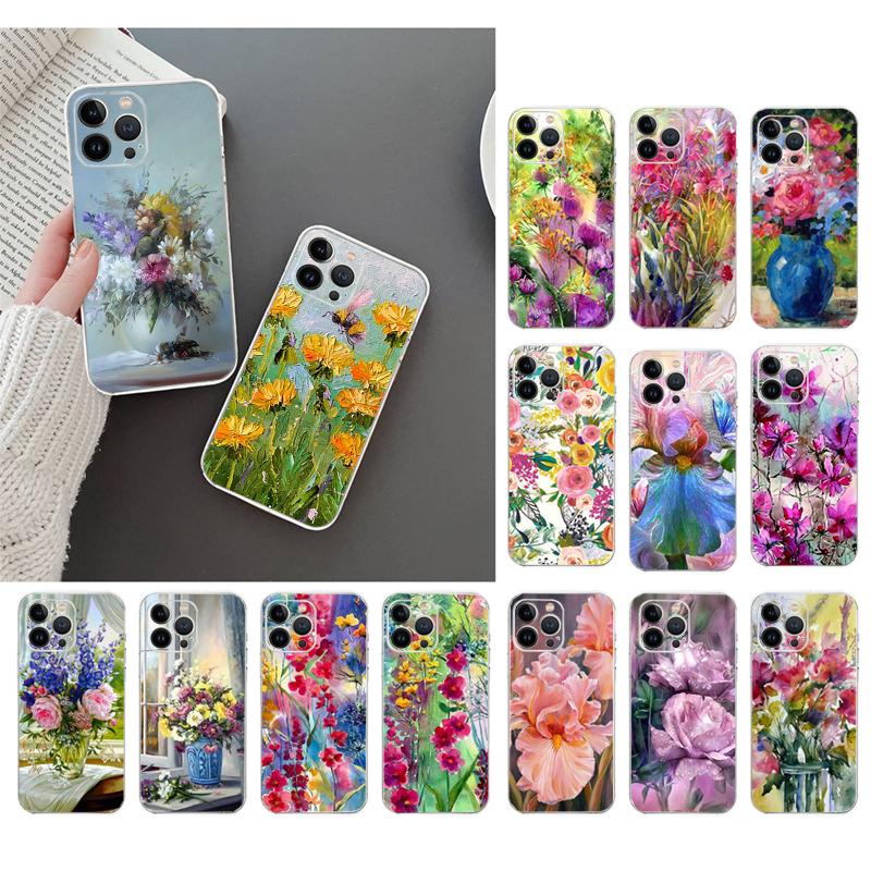 Phone Case For Iphone 14 Pro Max 13 12 11 Pro Max Xs Max Xr X 12mini 7 8 14 Plus Se Floral Flower Painting Case Funda Capa Cell