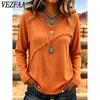 VEZFAA Women's Fashion Casual Spring Autumn Solid Color Print Long Sleeve O-Neck Blouses & Shirts