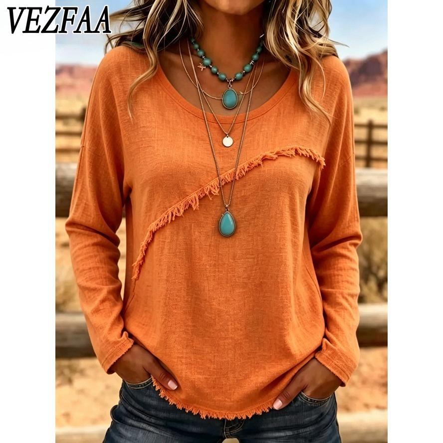 VEZFAA Women's Fashion Casual Spring Autumn Solid Color Print Long Sleeve O-Neck Blouses & Shirts