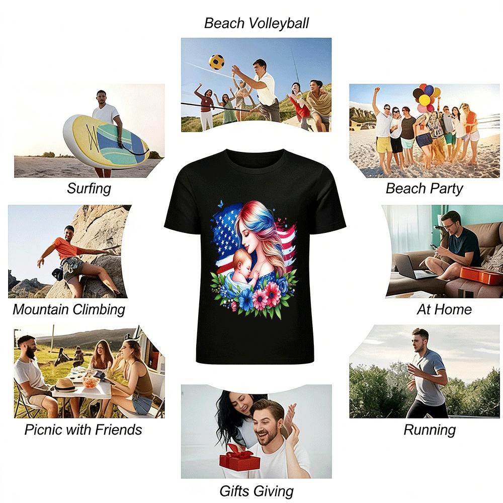 American Mother Baby Flag Print Casual T-shirt Pure cotton T-shirt