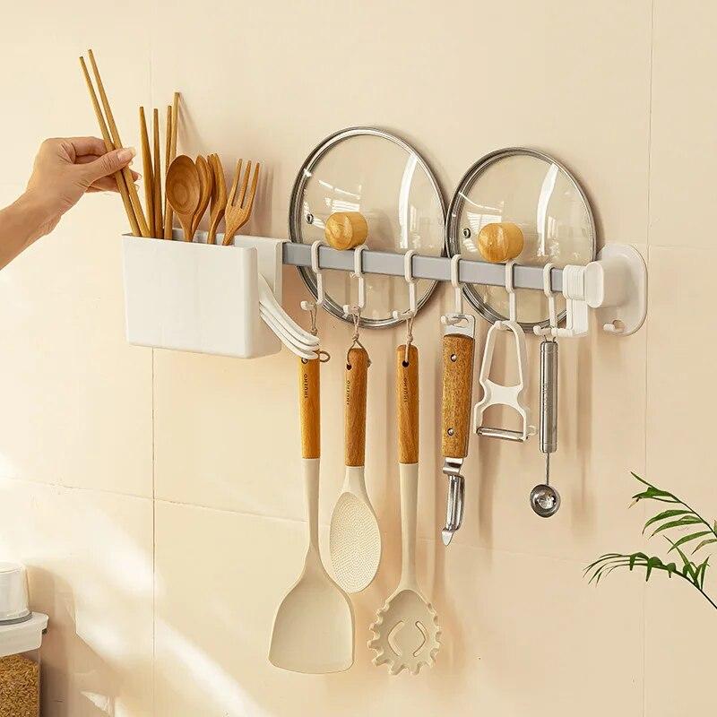 Kitchen Cooking Utensil Hanger Multifunction Punch-Free Wall Mounted Hooks for Spatula Spoon Large Capacity Lid Holder Organizer