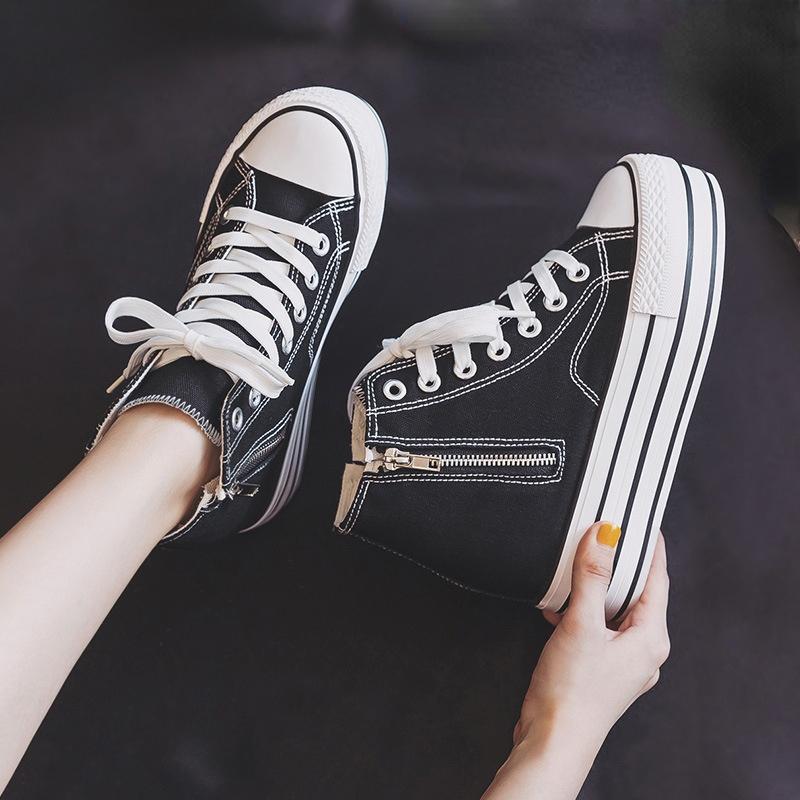 Nside The High Canvas Shoes Women's Shoes Spring and Autumn New Double Side Zipper Board Shoes Hundred with Thick Bottom Muffin Shoes