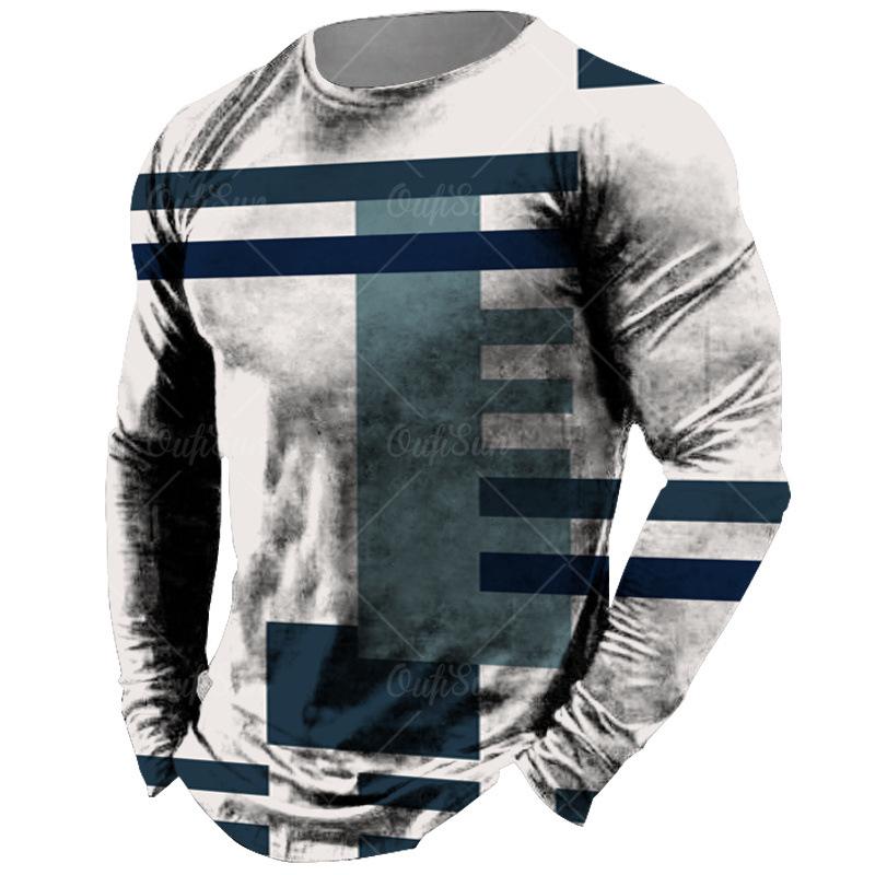 Rundhals 3D Unregelmäßige Farbpassung Bedrucktes Oberteil Modische Lässige Langarm Herren T-Shirts