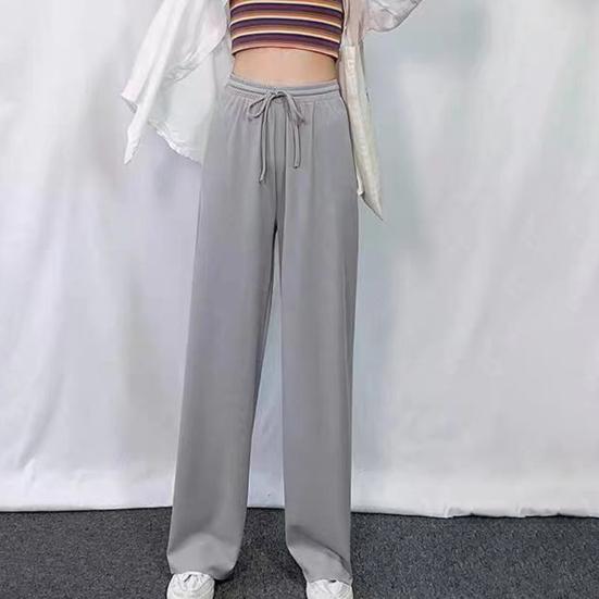 Dames Casual Broek Elastische Trekkoord Hoge Taille Wijde Pijpen Lange Broek Effen Kleur Dunne Vrijetijdsbroek
