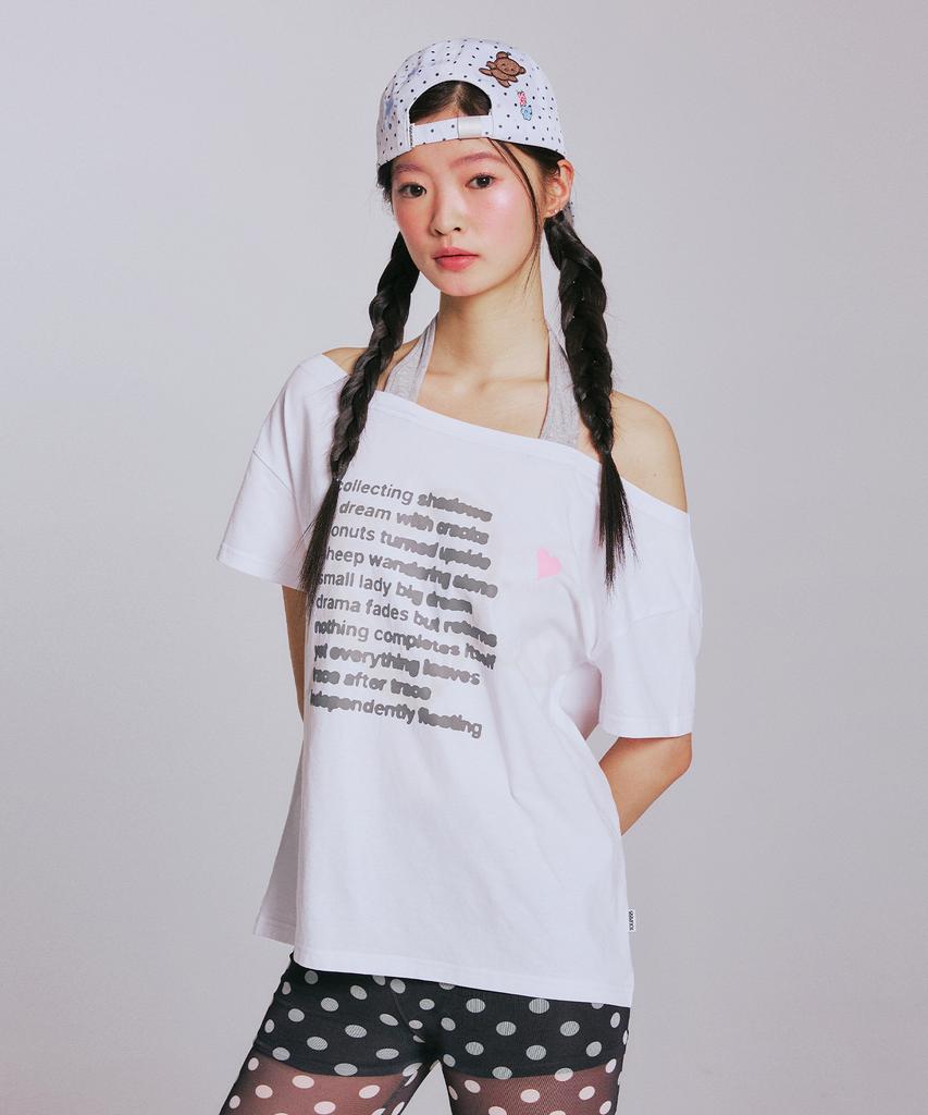 YOUHEE Lettering Halter Neck Off-Shoulder T-Shirts_White