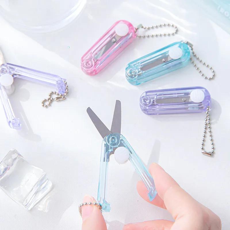 Mini Scissors Small Transparent Candy Color Fold Telescopic Stationery Scissors with Pendant Safety Scrapbook Scissors Student