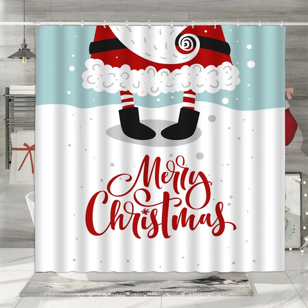 Gerahmter Weihnachts-Duschvorhang, Winter-Schneemann Weihnachtsmann Bauernhaus-LKW Schneeflocke Weihnachtsbaum Roter Vogel Badezimmer