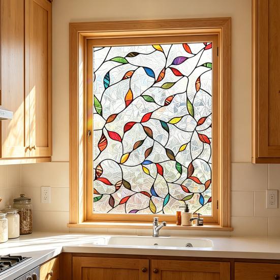 Stained Glass Window Film Rainbow Floral Window Privacy Film Decorative Sun Blocking Static Glass Clings for Home Door Window