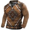 Ethnic Tribal Geometric Pattern Long Sleeve Polo, Fashion Casual Top