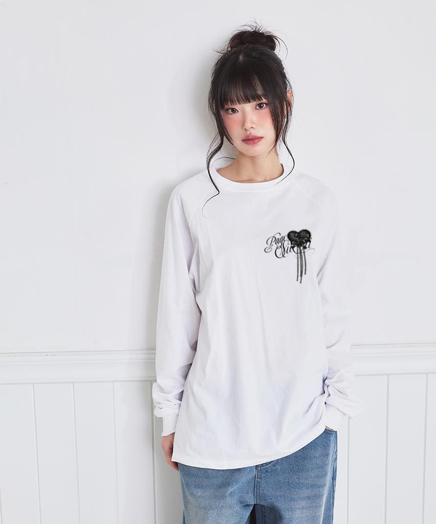 PAGESIISII Heart Ribbon Brooch Print Oversized Long Sleeve White