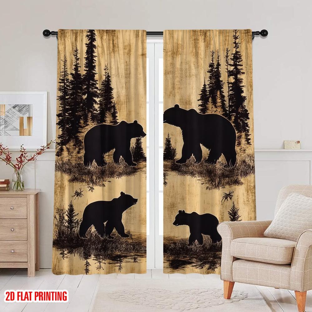 Set Of 2 Flat Printing Retro Bear Pattern Window Drapes Design Easy Installation Curtain Living Room With Rod Pocket Polyester Ideal For Sitting