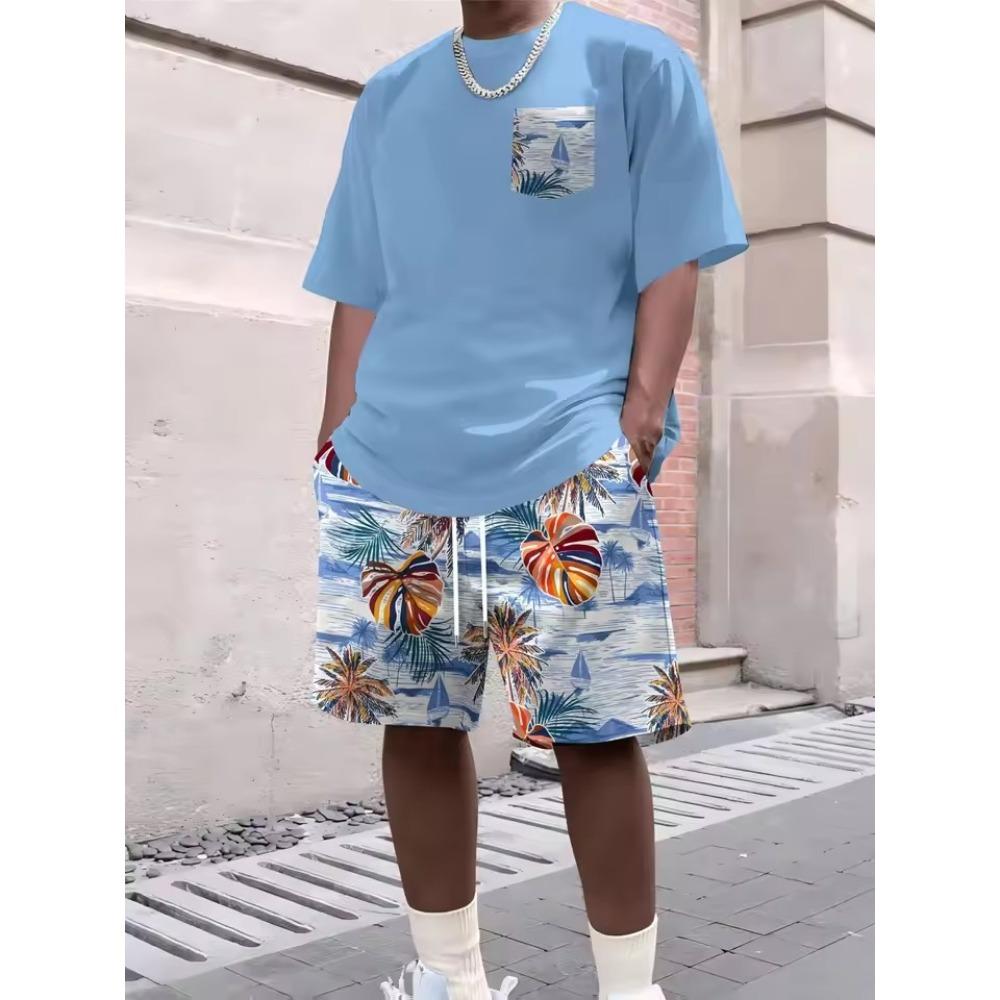 Men's new summer fashionable breathable round neck top paired with letter pattern drawstring shorts casual sweat wicking set