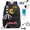 Niedlicher Axolotl bedruckter Schüler-Schulranzen für Mädchen schwarzer Rucksack USB Kinder Freizeittasche Geschenk zum Schulanfang