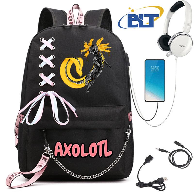 Niedlicher Axolotl bedruckter Schüler-Schulranzen für Mädchen schwarzer Rucksack USB Kinder Freizeittasche Geschenk zum Schulanfang