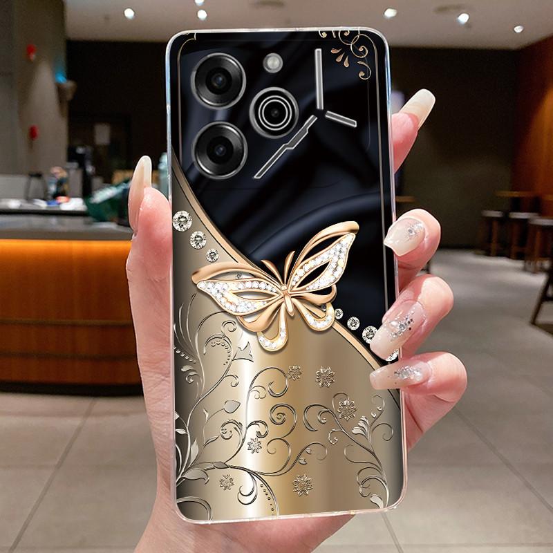 Phone Case For Tecno Pova 6 Pro 5G LI9 Case Tecno Pova 6 5G LI7 Back Cover Luxury Butterfly Flowers Transparent Soft TPU Casing