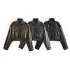 Women's Mock Neck Long Sleeve Oversized Cropped Faux Leather Jacket Streetwear Bomber Coat